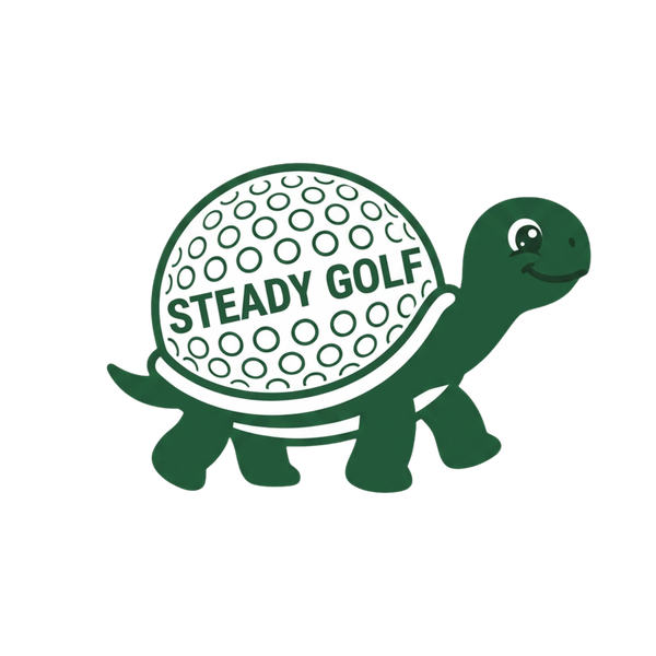 Green turtle with a golf ball on its shell labeled 'Steady Golf' on a white background